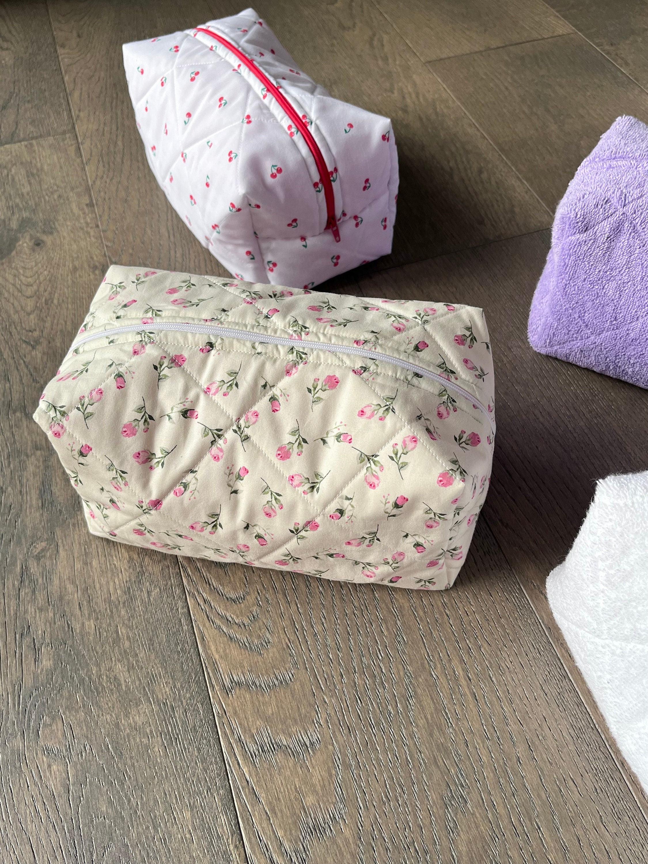 Handmade Quilted Makeup Bag - Rose Bag - Cosmetic Bag