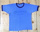 Vintage 60s 70s CF Martin Co Guitar Company Distressed Thread Bare Blue Ringer T Shirt - Small