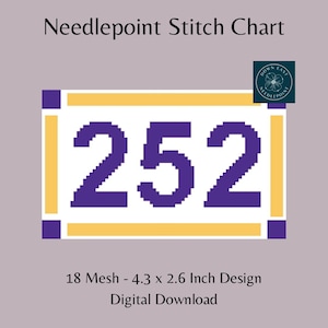 Puede incluir: Un gráfico de punto de cruz digital con el número 252 en morado, dentro de un marco amarillo y morado. El diseño mide 10,9 x 6,6 cm en 18 mallas. El texto "Needlepoint Stitch Chart" está en la parte superior.