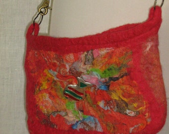 Orange wool felt red bag with leather strap