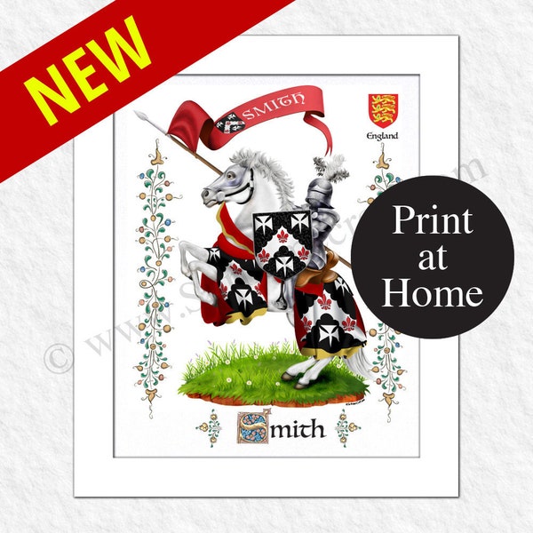 Your coat-of-arms (family crest) on a horse-mounted knight. With a matching horse caparison.  - DIGITAL PRODUCT - Print at Home.