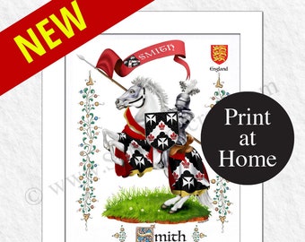 Könnte beinhalten: Ein druckbares Wappen-Design mit einem Ritter zu Pferd, einem rot-weißen Schild mit einem schwarzen Kreuz und Fleur-de-lis und dem Text "Smith".
