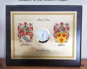 Family Name Double Crest (Coat of Arms) Clock Plaque with border choice . Handmade in Ireland and Shipping Worldwide