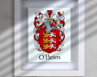 Könnte beinhalten: Ein gerahmter Druck eines Wappens mit einem roten Schild, auf dem fünf goldene Löwen abgebildet sind, umgeben von verzierten goldenen und weißen Ranken. Der Text "O'Brien" ist unter dem Schild gedruckt.