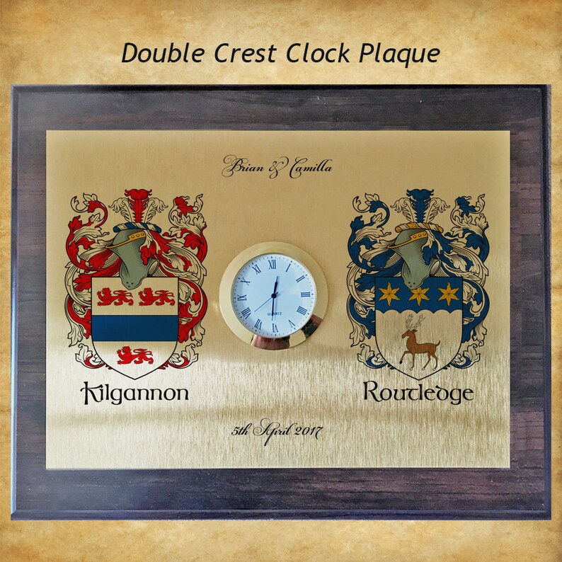 Family Name Double Crest Coat Of Arms Clock Plaque With No Etsy