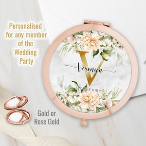 Personalized Floral Compact Mirror: Rose Gold Wedding Keepsake