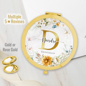 Personalised Initial and Name Floral Round Compact Mirror - Wedding Bridesmaid Gift