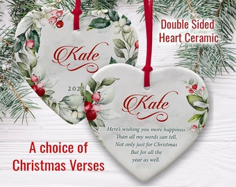 Personalised Individual Heart shaped ornament – Christmas Verse (Ceramic Ornament). Double sided design.