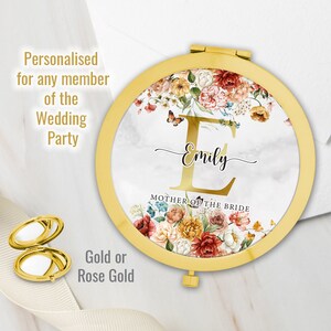 Personalised Initial and Name Floral Round Rose Gold Compact Mirror Pocket Mirror Wedding Bridesmaid Gift