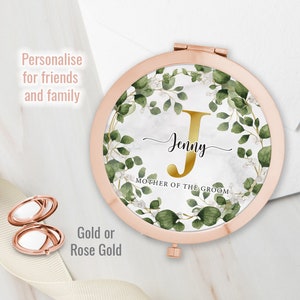 Personalised Initial and Name  Floral Greenery Round Rose Gold Compact Mirror Wedding Bridesmaid Gift