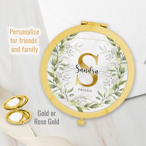 Personalised Initial and Name  Floral Greenery Round Rose Gold Compact Mirror Wedding Bridesmaid  Mother of the Groom Gift