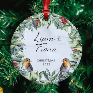 Personalized Couple&#39;s Christmas Ornament: Robins Ceramic Keepsake