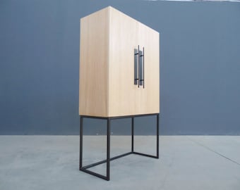 Handmade Oak Veneer Bar Cabinet: Mid-Century Modern Steel Base