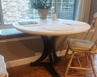 Handmade Round Dining Table: White Lacquered Wood Top, Black Steel Base