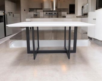Handmade Modern Dining Table: Lacquered MDF Top, Metal Base
