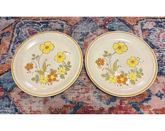 Vtg 2 Hearthside Garden Festival Stoneware Dinner Plates SUNSHINE FLOWERS Japan