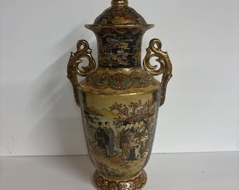 Large 24" Satsuma Style Vase Asian Figural Gold Moriage Floor Vase