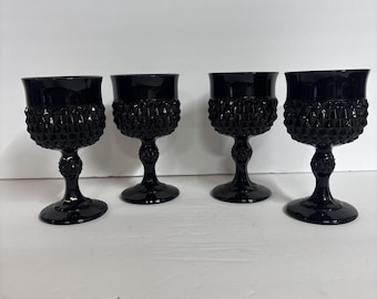 Indiana Glass Tiara Black Amethyst Diamond Point Wine Water Goblets Gothic 4 Vtg