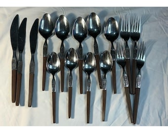 16 Pce Interpur INR2 Stainless Spoons Brown Faux Wood Handle Flatware MCM Japan