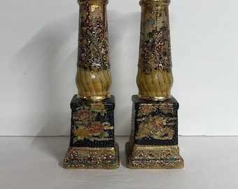 Pair of Antique Satsuma Candle candleholders Chinese Porcelain