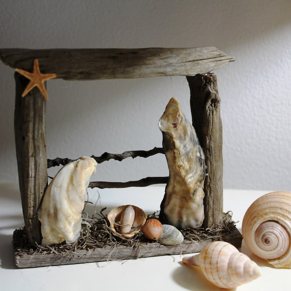 Handcrafted Nativity - Driftwood - Seashells - Small - Manger - Mini nativity
