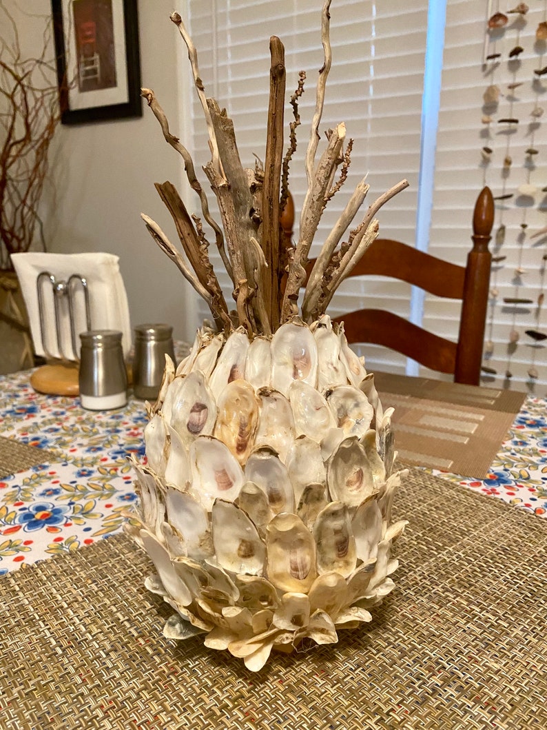 Oyster shell pineapple Welcome decor tabletop pineapple sea shell pineapple Mother's Day Housewarming hostess oyster shell art image 3