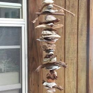 Driftwood and Seashell Mobile - windchimes - garden driftwood - driftwood hanger - South Carolina - shabby chic - oyster shells