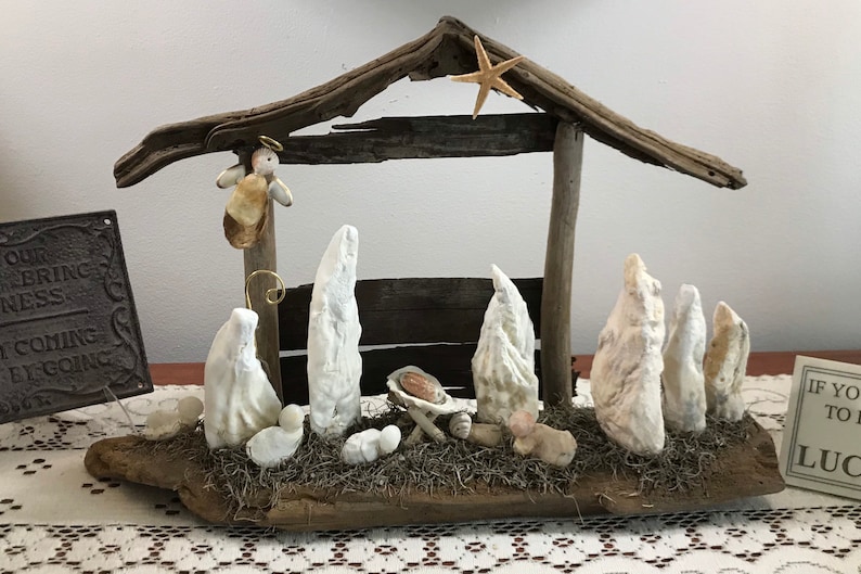 Driftwood Nativity Driftwood Seashells Large Manger Holy Family Natural Nativity South Carolina image 3