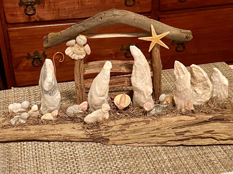 Driftwood Nativity Driftwood Seashells Large Manger Holy Family Natural Nativity South Carolina image 2