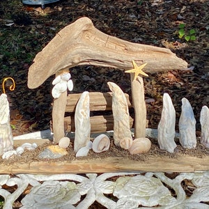Driftwood Nativity Driftwood Seashells Large Manger Holy Family Natural Nativity South Carolina image 1