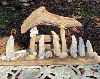 Driftwood Nativity Scene: Seashell Holy Family, Coastal Christmas Decor