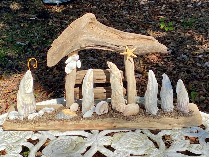 Driftwood Nativity Driftwood Seashells Large Manger Holy Family Natural Nativity South Carolina image 1