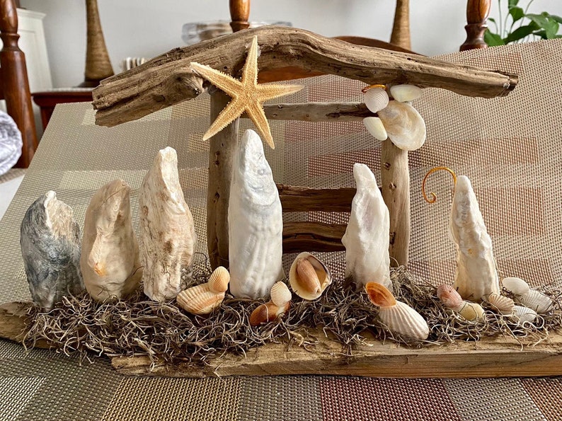 Driftwood Nativity Driftwood Seashells Large Manger Holy Family Natural Nativity South Carolina image 5