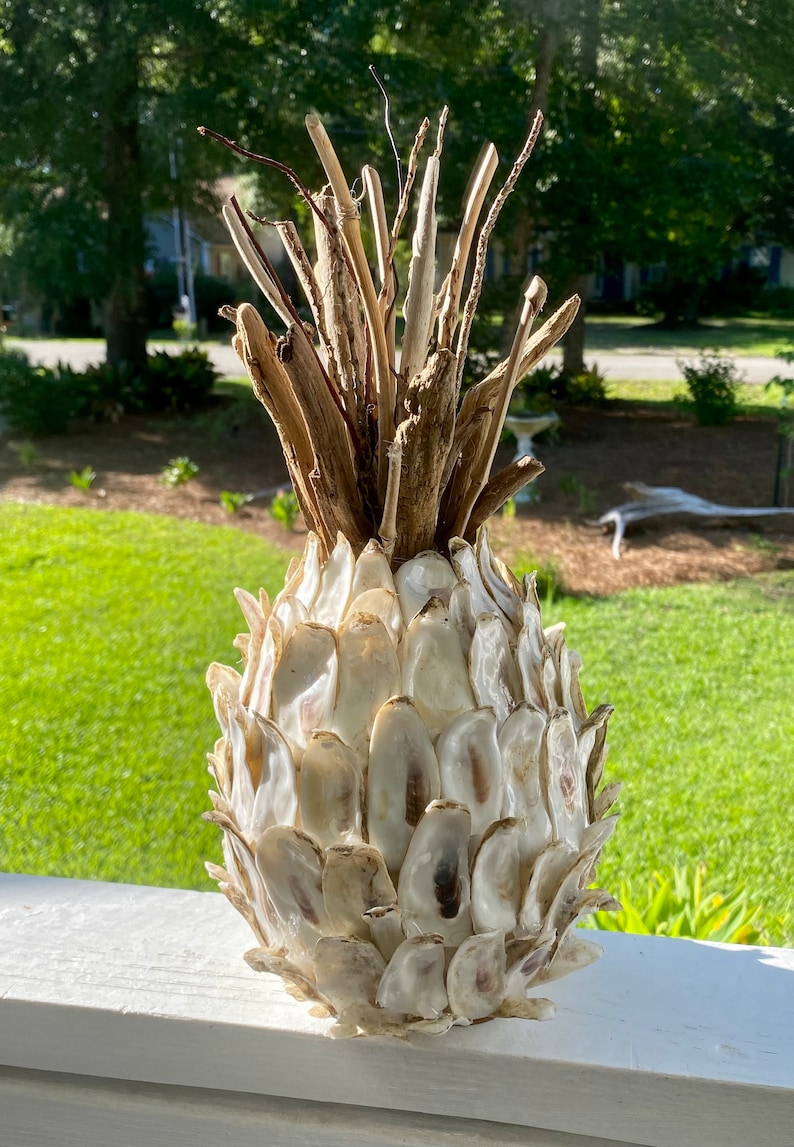 Oyster shell pineapple Welcome decor tabletop pineapple sea shell pineapple Mother's Day Housewarming hostess oyster shell art image 1