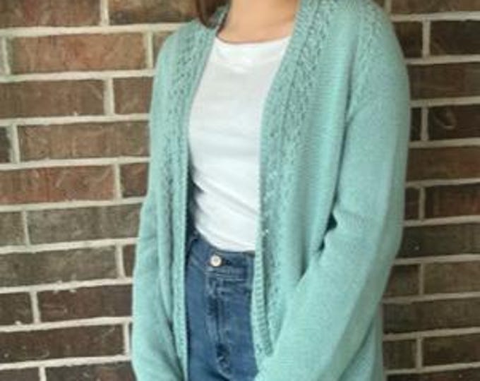 Featured listing image: Raglan Cardigan; lace front panels and decorative raglan seams; color - aqua; small/medium size, 40" chest; cotton-acrylic yarns; MW&Dry;
