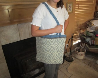 large felted raggwool fairIsle patterned tote;15"x13 1/2";medium blue& off-white pattern; knit twisted cords strap;lined;magnet snap closure