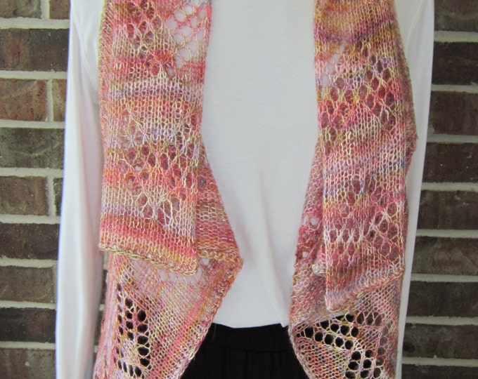 Featured listing image: Short Sleeveless lightweight knitted draping open front vest; hand-transfer lace pattern; cotton/polyester/acrylic yarn; Size: small/medium