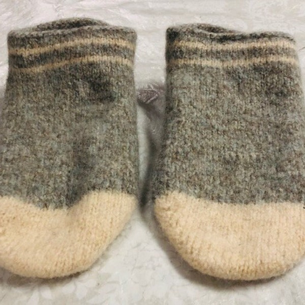 felted wool slippers or clog liners,light aqua tweed foot, white toes & white striped cuffs; 11" long size W 11-12, M 10; made in USA, OOAK