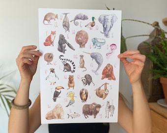 Animal Alphabet Poster - High quality print and paper. Hand-drawn watercolour illustration - A1, A2, A3 size.