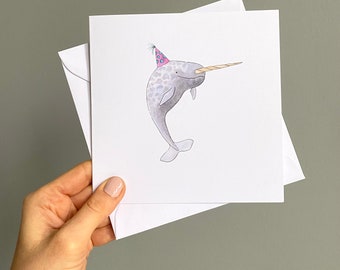 Premium Narwhal ‘Party Animal’ Birthday card - Handwritten message option. Eco-friendly, high quality recycled print with envelope.
