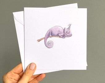 Chameleon ‘Party Animal’ Birthday card. Handwritten message option. Eco-friendly, high quality recycled print with envelope.