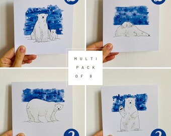 8 pack of Polar Bear Christmas cards - recycled, hand drawn, charity cards.