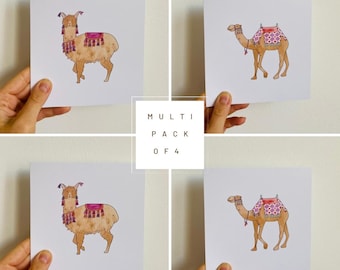4 pack of festive Camel and Llama Christmas cards - recycled, hand drawn, charity cards.