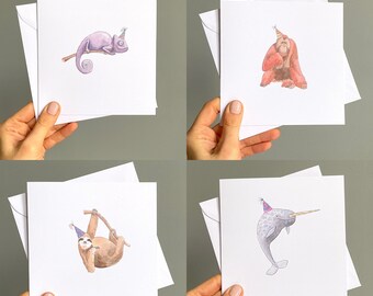 Multipack of 4 ‘Party Animal’ Birthday cards. Eco-friendly, high-quality recycled prints with envelopes.