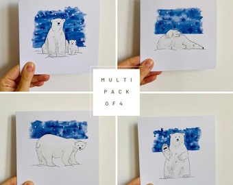 4 pack of Polar Bear Christmas cards - recycled, hand drawn, charity cards.
