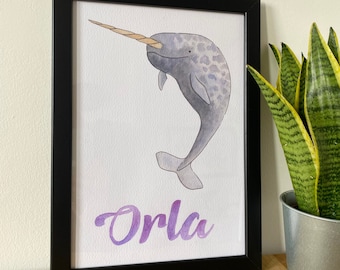 Hand-painted Personalised Narwhal Child Name Print - baby shower gift, birth date, nursery print new baby gift