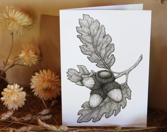 CARD • Acorns • Cornish artist • wildlife art • oak tree • nature lover • acorn card • botanical • woodland • plastic-free • Natalie Toms