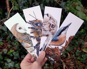 BOOKMARKS • Set of 4 • animal art • wildife art • owl • nuthatch • bee • hare • gifts for nature lovers • bookworm • recycled • Natalie Toms
