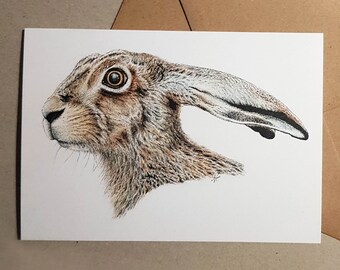 CARD • Startled Hare • Cornish artist • watercolour • ink • nature • countryside • British wildlife art • recycled • Cornwall • Natalie Toms
