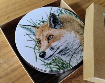COASTERS • Set of 4 • Prowling Fox • melamine • cork • wildlife illustration • nature • countryside • housewarming • Cornwall • Natalie Toms